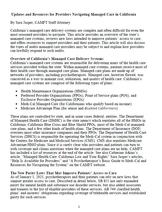 Handout - Updates and Resources for Providers Navigating Managed Care in California